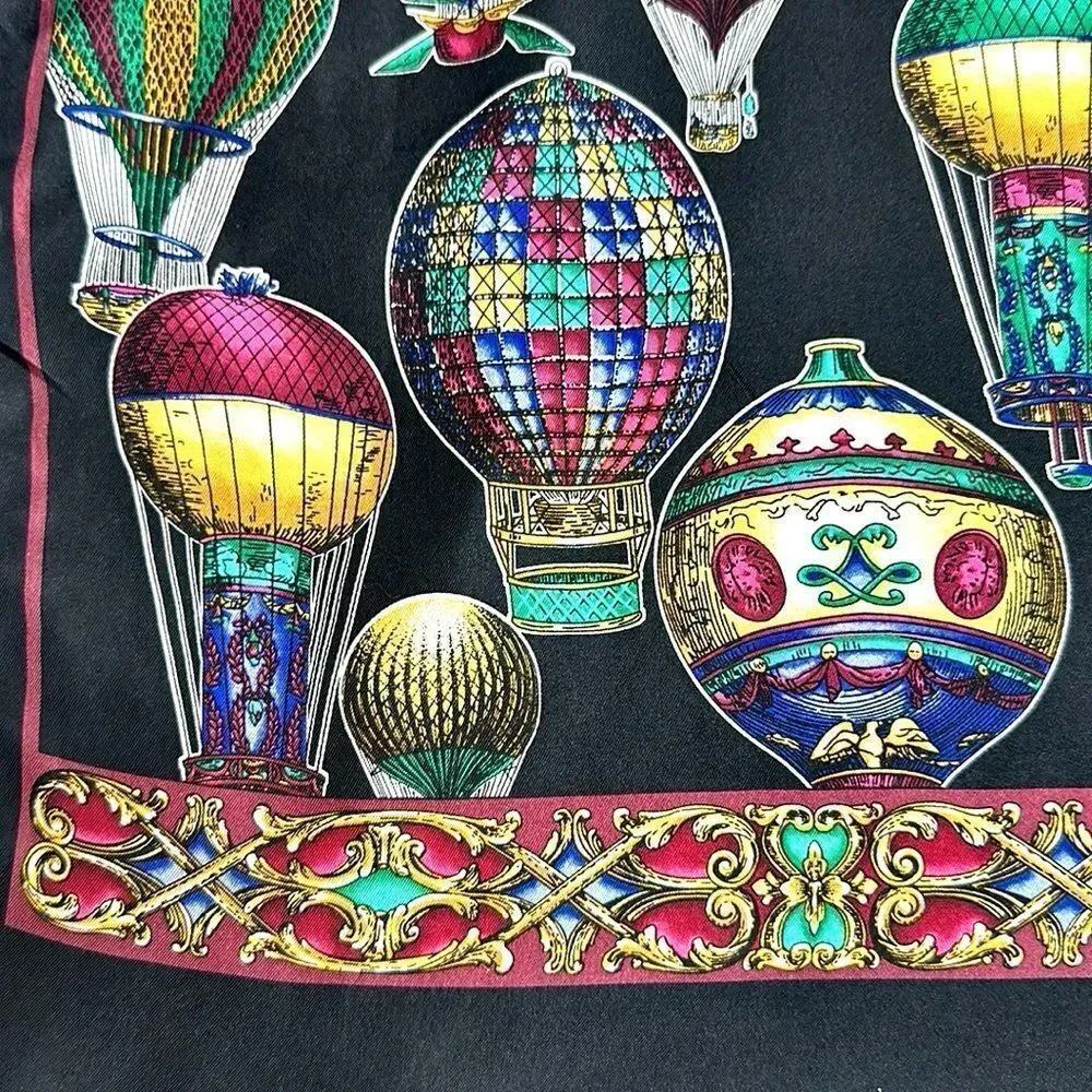 Hot Air Balloons Silk Scarf Black Rectangle 13.5x57” Hand Rolled made in Korea